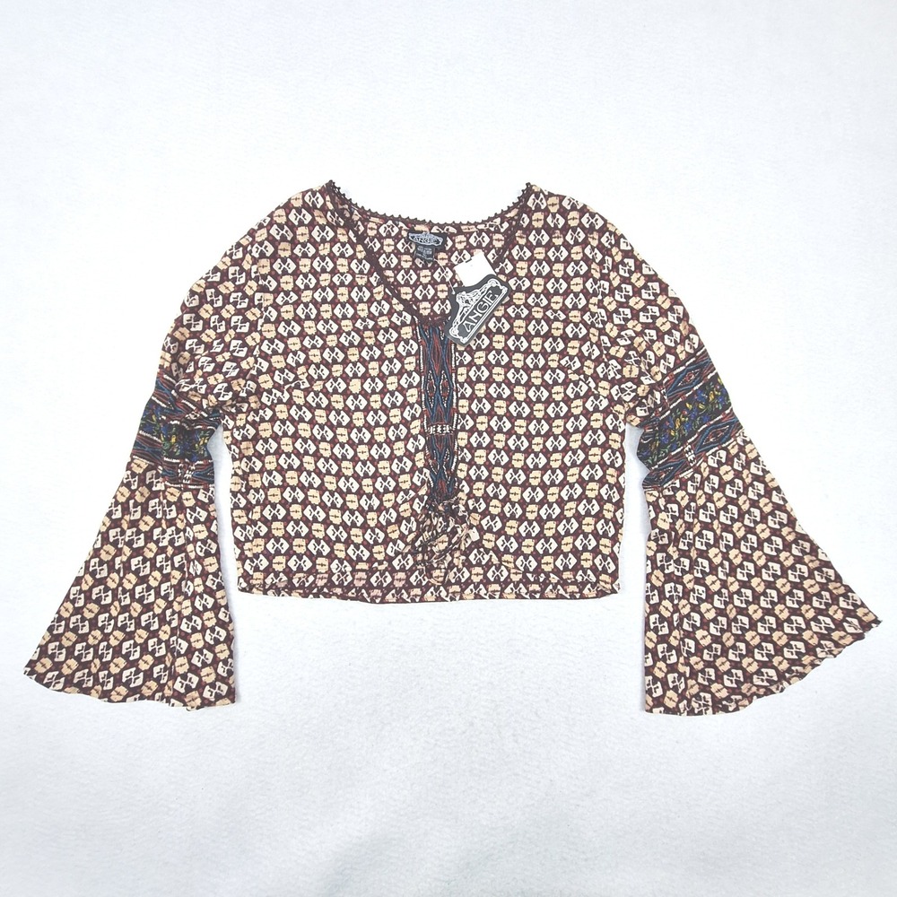 Angie Crop Top Womens Large Black Brown Boho Bell Sleeve Geometric Lace Up New